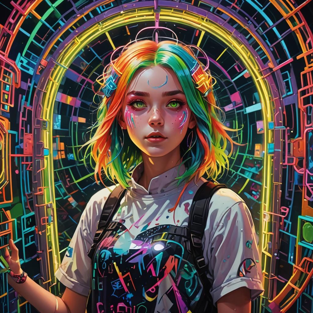 Rainbow Girl in Mirror Maze: Vibrant Concept Art