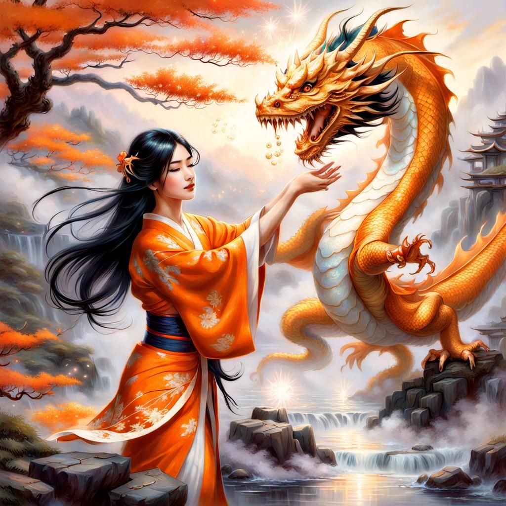 Kimono Woman Heals Dragon with Magic