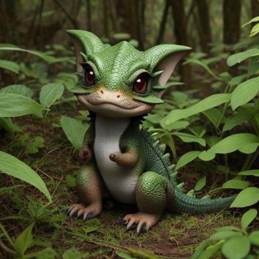 Adorable Wide-Eyed Baby Dragon in Forest