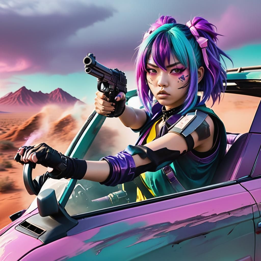 Cyberpunk Cosplay Girl Driving Through Desert Landscape