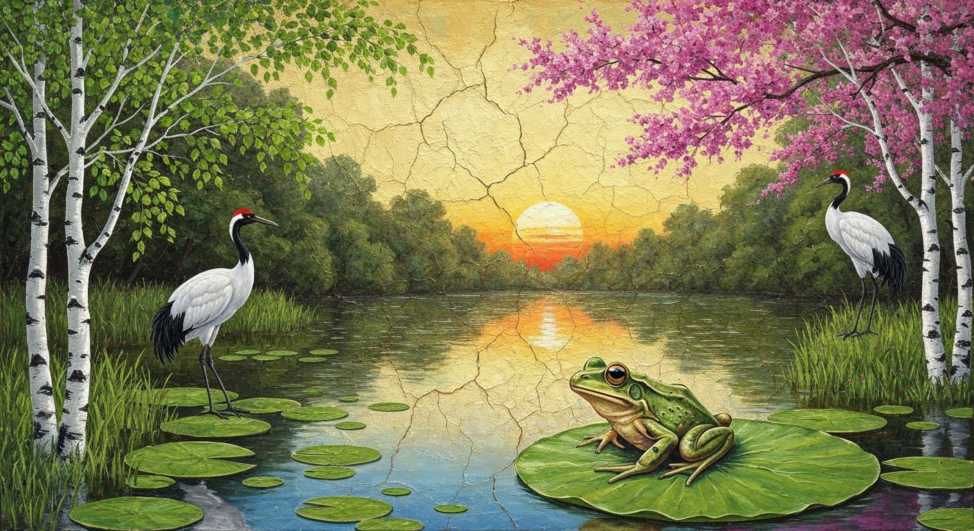 Wet Frog on Lilypad in Summer Storm: Impasto Painting