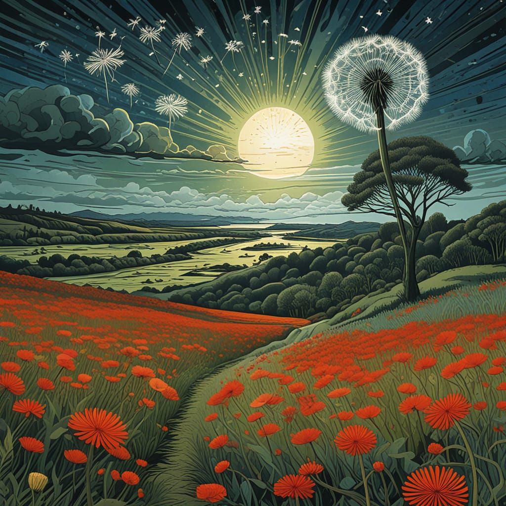 Intricate Dandelion Bloom in Hand-Coloured Linoprint Style