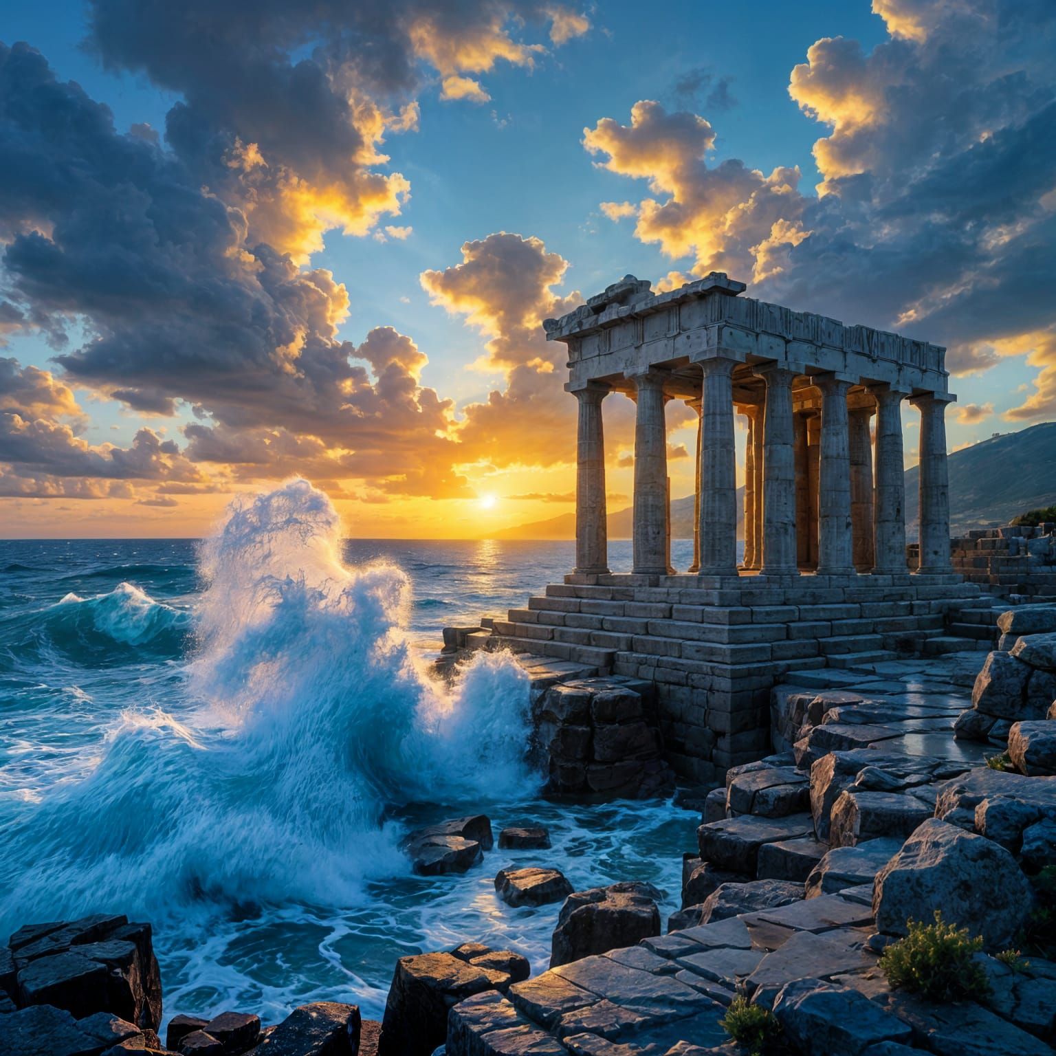 Temple of Poseidon, Giant Waves, and Golden Horizon