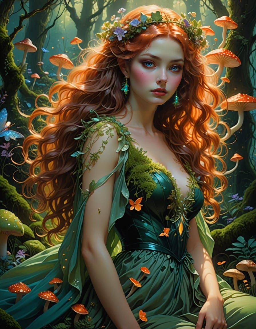 Fairy on Velvet Sofa Amidst Bioluminescent Mushrooms Oil Pai...