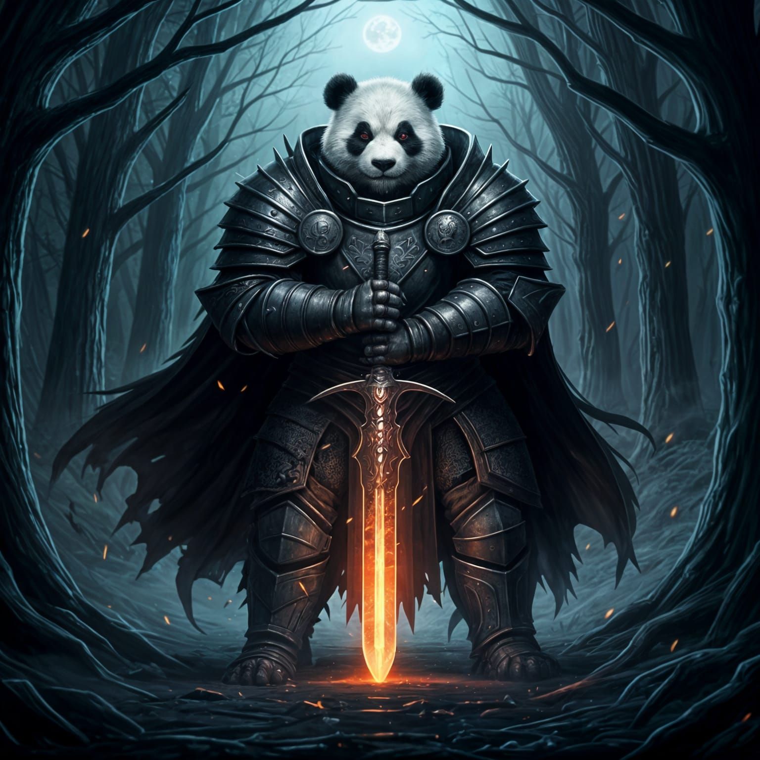 Fearsome Panda Knight in Enchanted Forest, Anime Style