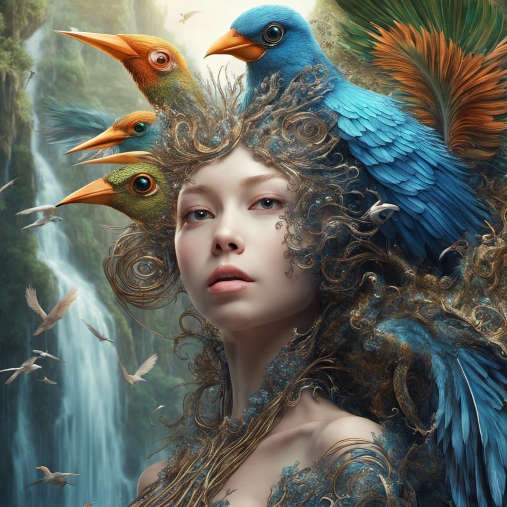 Youth Portrait with Birds and Tree in Surreal Style
