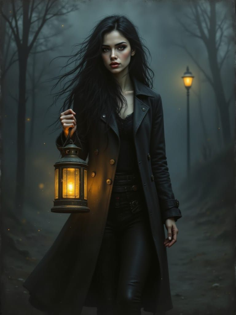 Woman with Lantern in Misty, Noir Setting