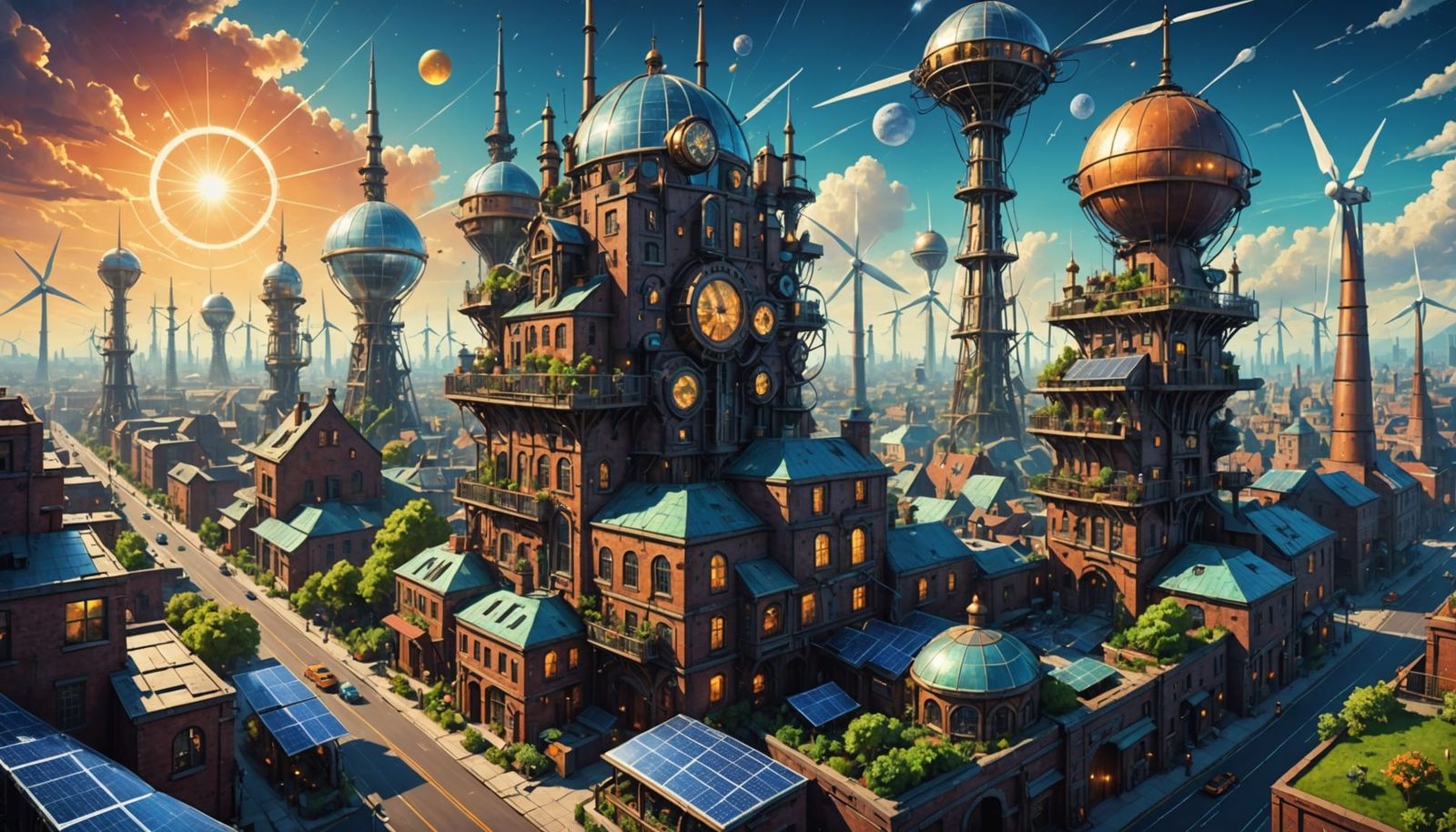 Cosmic Steampunk Metropolis Ablaze with Solar Energy