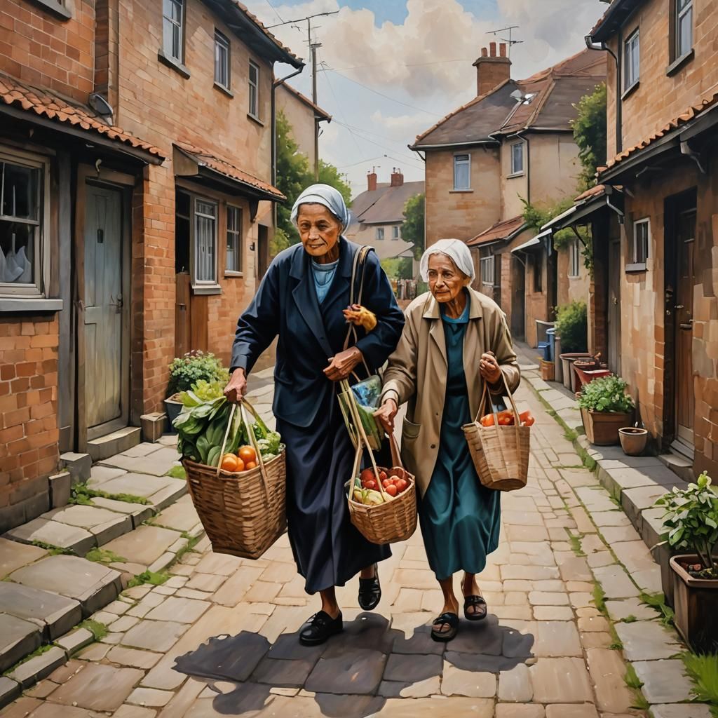 Compassionate Young Person Helps Elderly Woman: Oil Painting