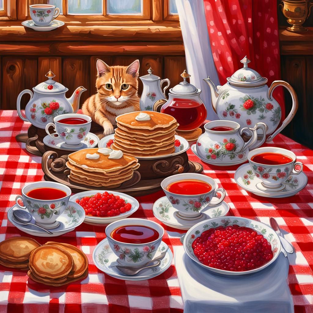 Pancakes, Cat, and Caviar Feast: Detailed Concept Art