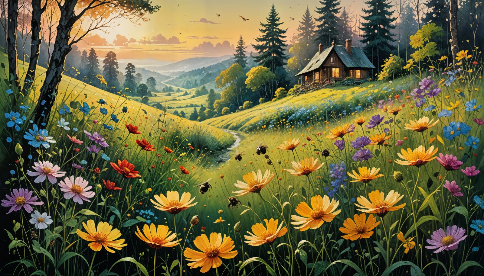 Surreal Spring Blooms in Whimsical Watercolor Style