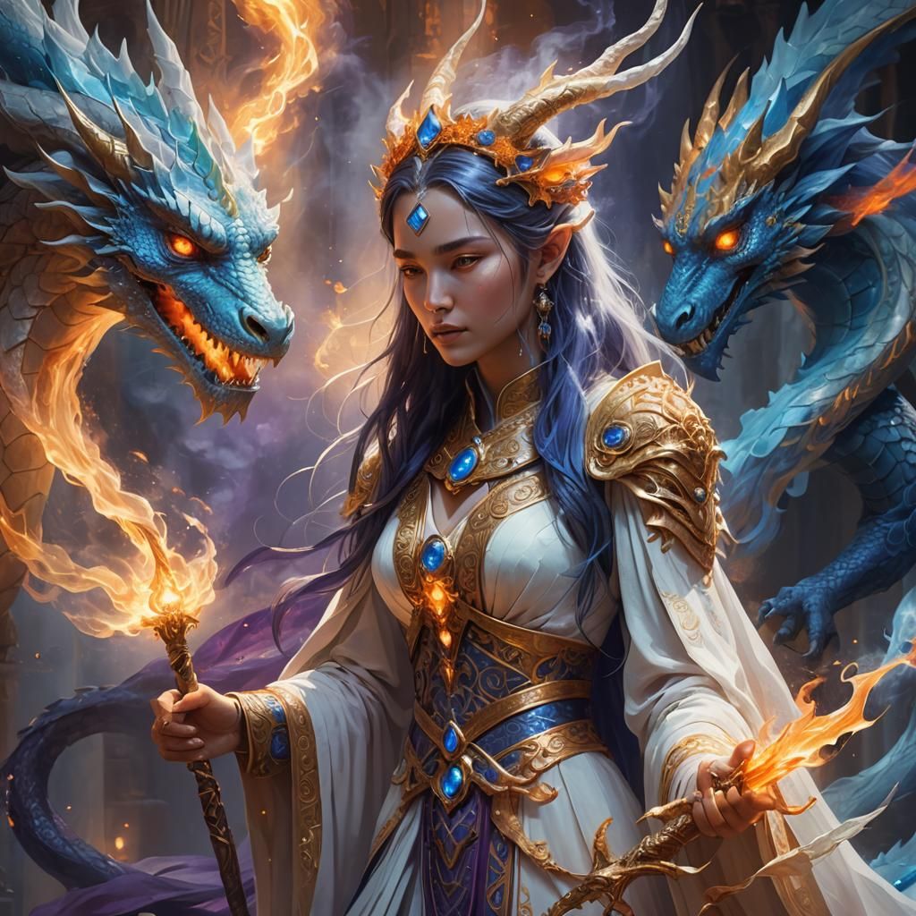 Ethereal Dragon and Priestess in Digital Fantasy Art
