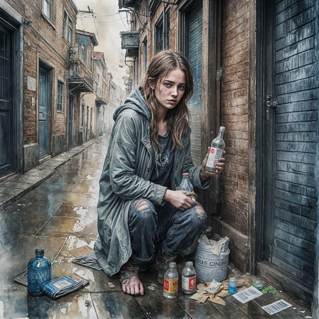 Vulnerable Woman in Alleyway: Watercolor and Ink