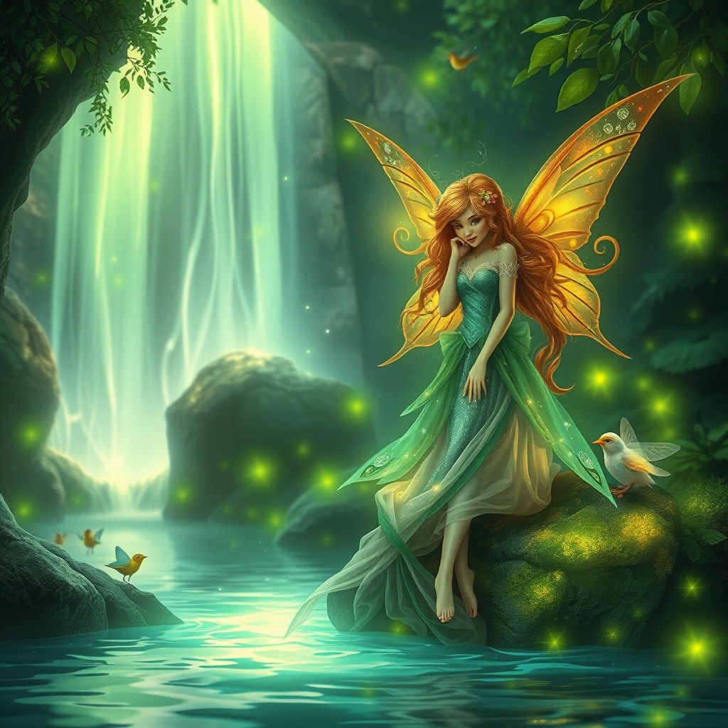 Majestic Fairy in Mythical Environment with Neon Waterfall