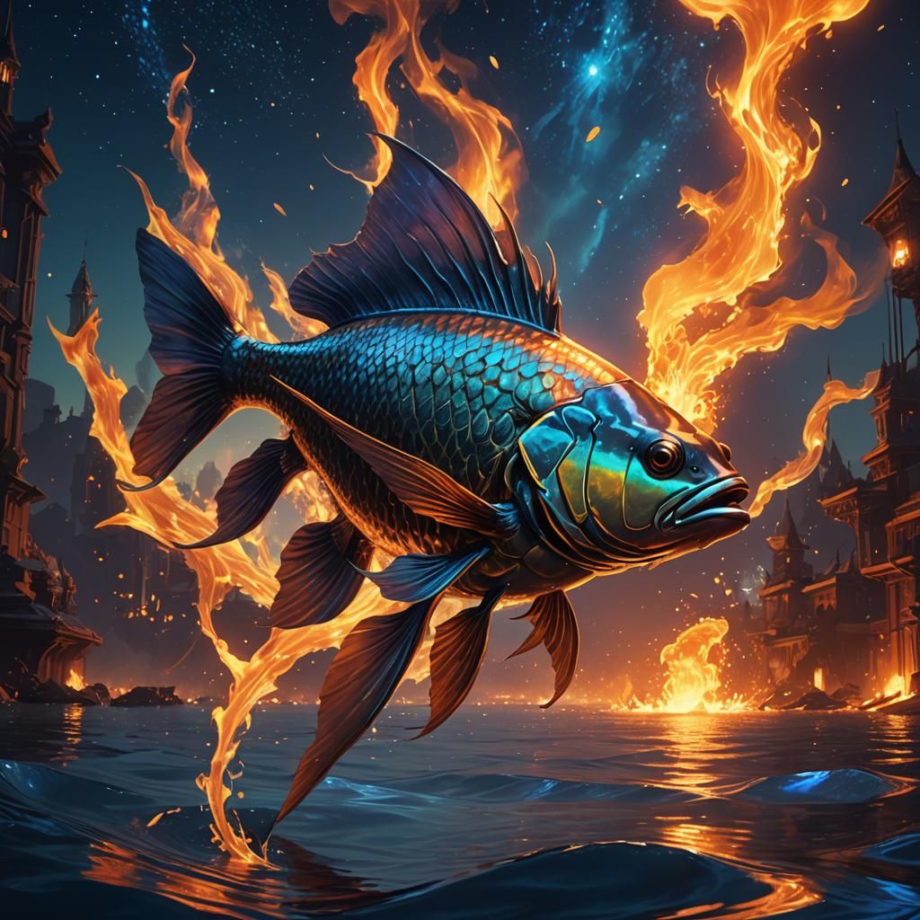 Majestic Fish in Starry Fire Sky, Digital Art