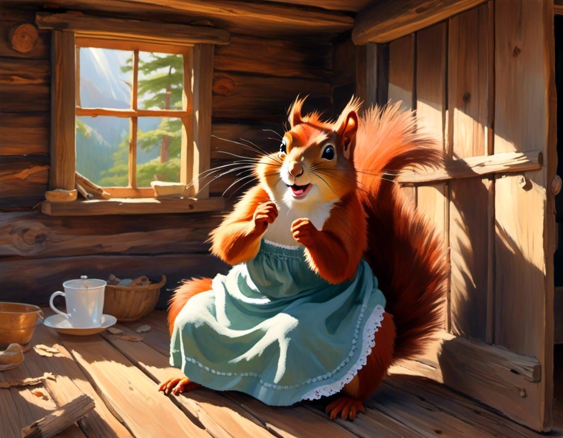 Red Squirrel in Nightgown Stretches in Cabin