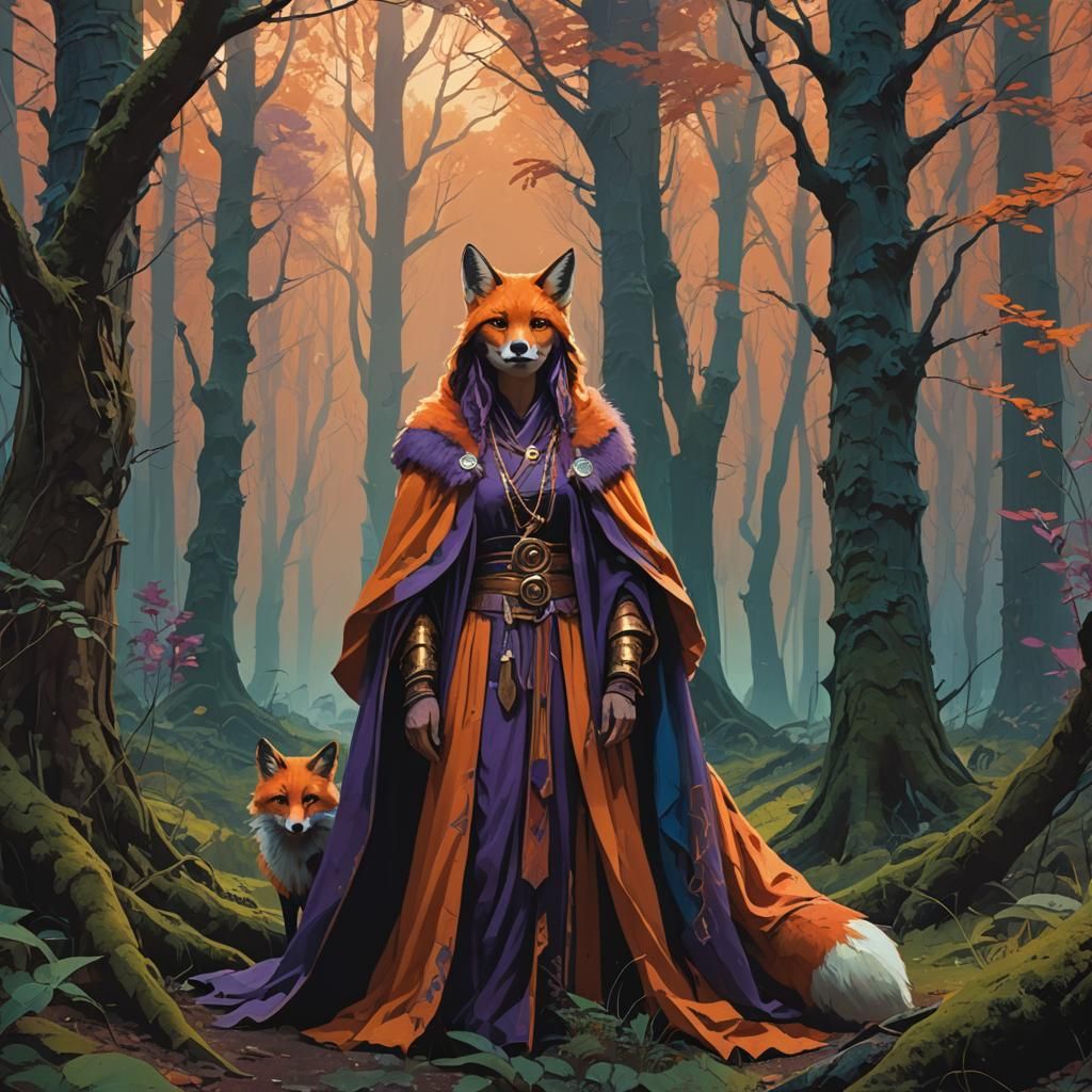 Priestess with Fox in Mystical Forest