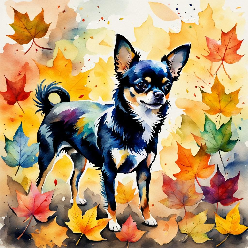 Chihuahua in Autumn Leaves: Expressionist Watercolor