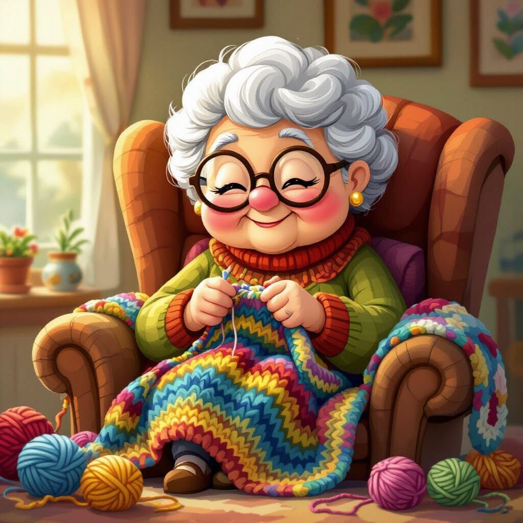 Whimsical Comic Art: Cuddly Grandma Crocheting