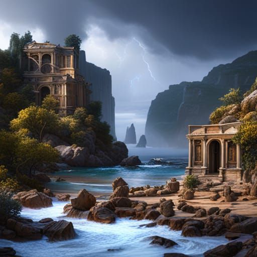 Stormy Beach with Greek Ruins: Fantasy Concept Art