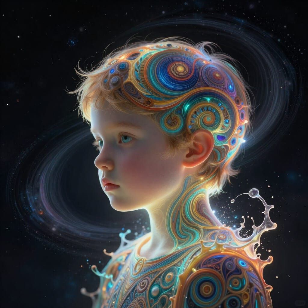 Child's Ethereal Glow in Cosmic Darkness