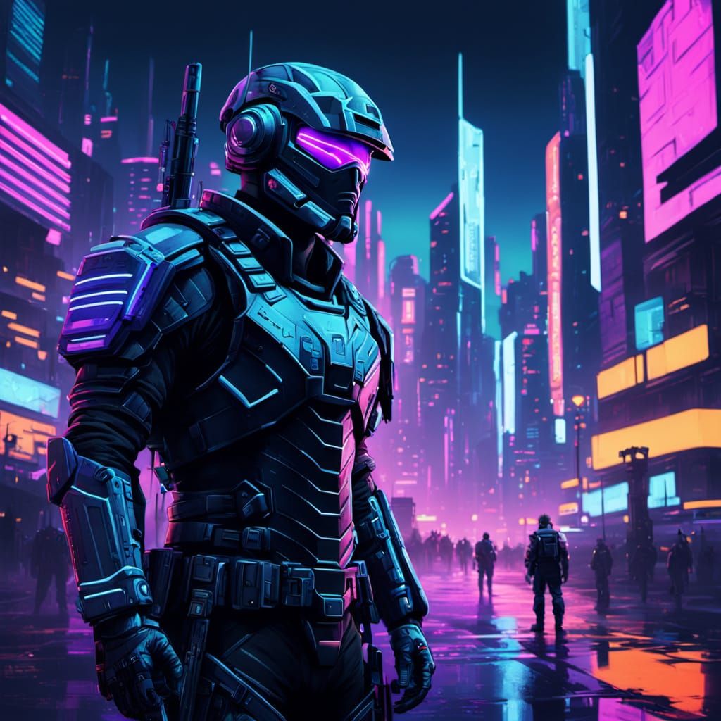 Cyberpunk Soldier in Neon Cityscape, Digital Painting