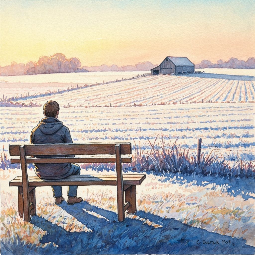 Man on Bench Overlooking Frosty Fields at Golden Hour