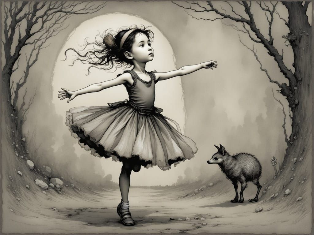 A Whimsical Charcoal Drawing of a Little Dancer in a Fantast...