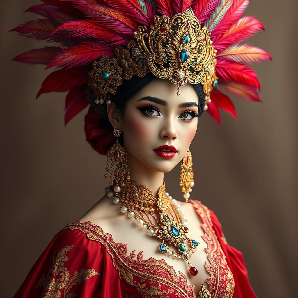 Regal Fantasy Warrior in Crimson Attire with Iridescent Feat...