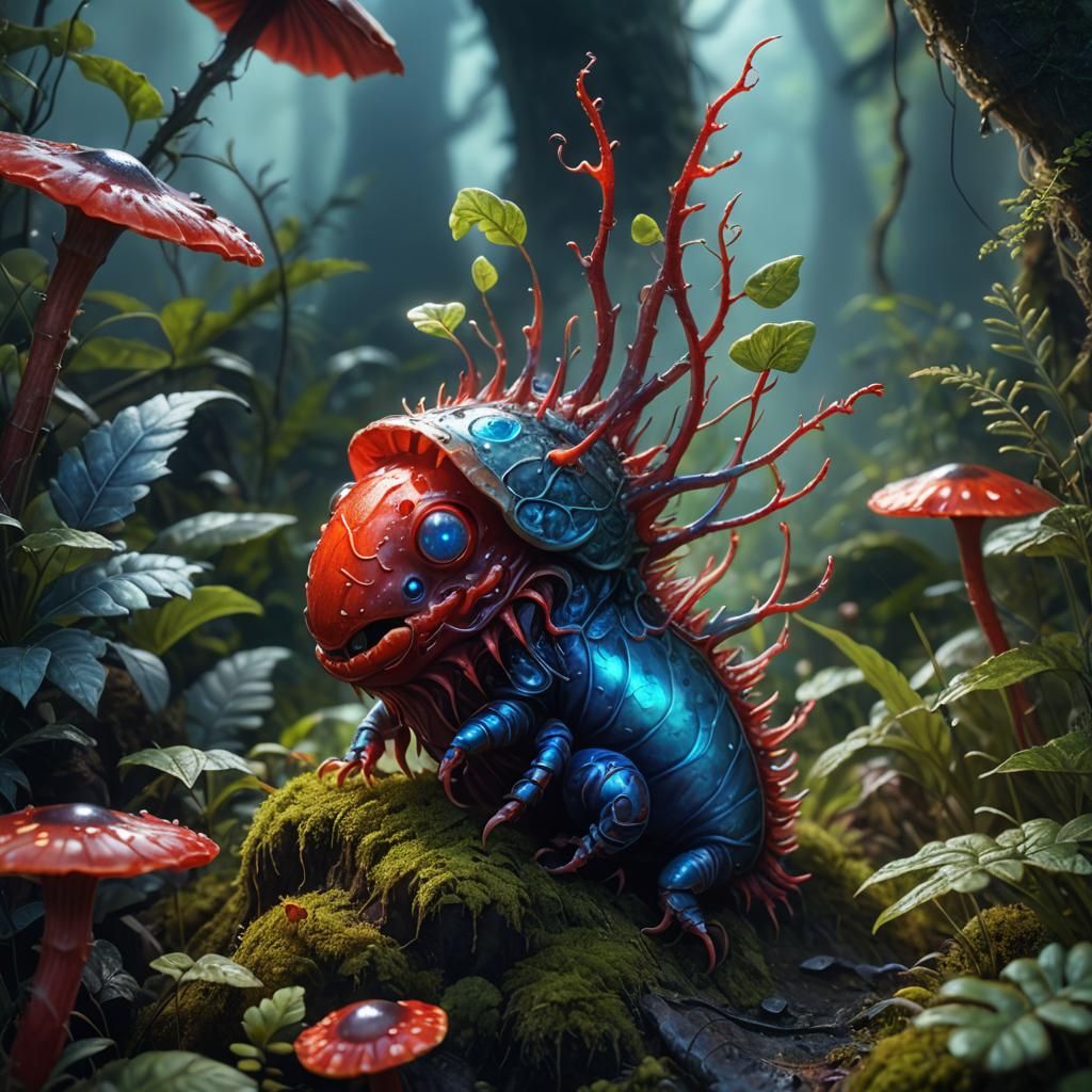 Vibrant Red Larva on Mushroom: Fantasy Art