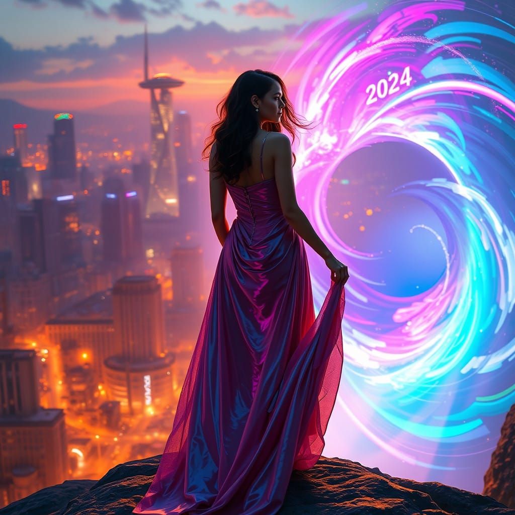 Woman Leaps into Vibrant Portal to 2025