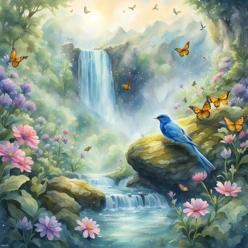 Fairy with Birds and Waterfall in Digital Watercolour