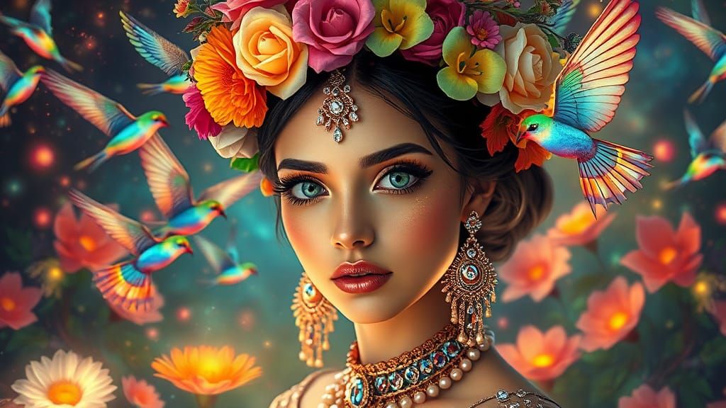 Ethereal Woman with Birds in Surreal Garden