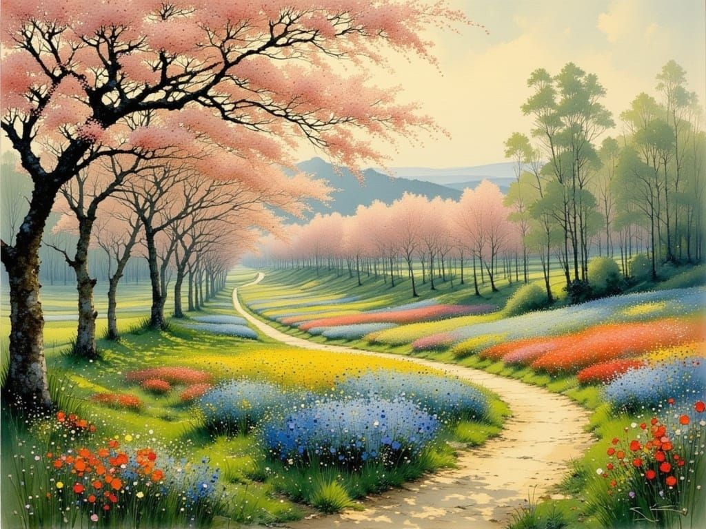 Austrian Masters' Dreamlike Apple Blossom Garden in Soft Eve...