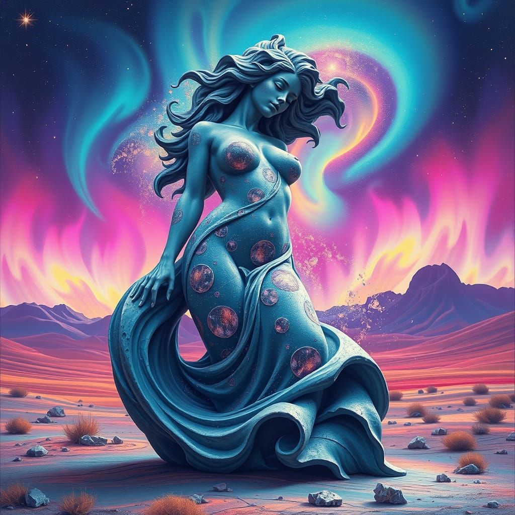 Cosmic Woman: Abstract Stardust Sculpture in Alien Landscape