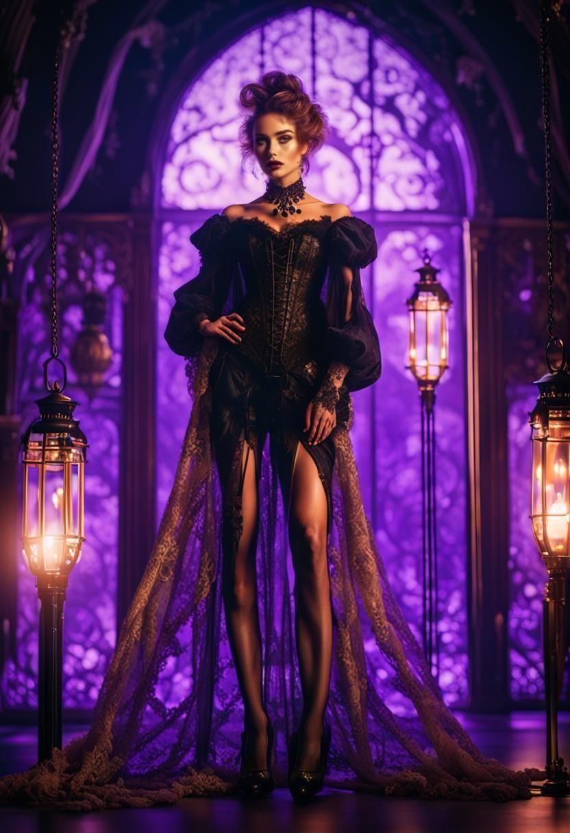 Woman in Black Lace Dress with Amethyst Necklace