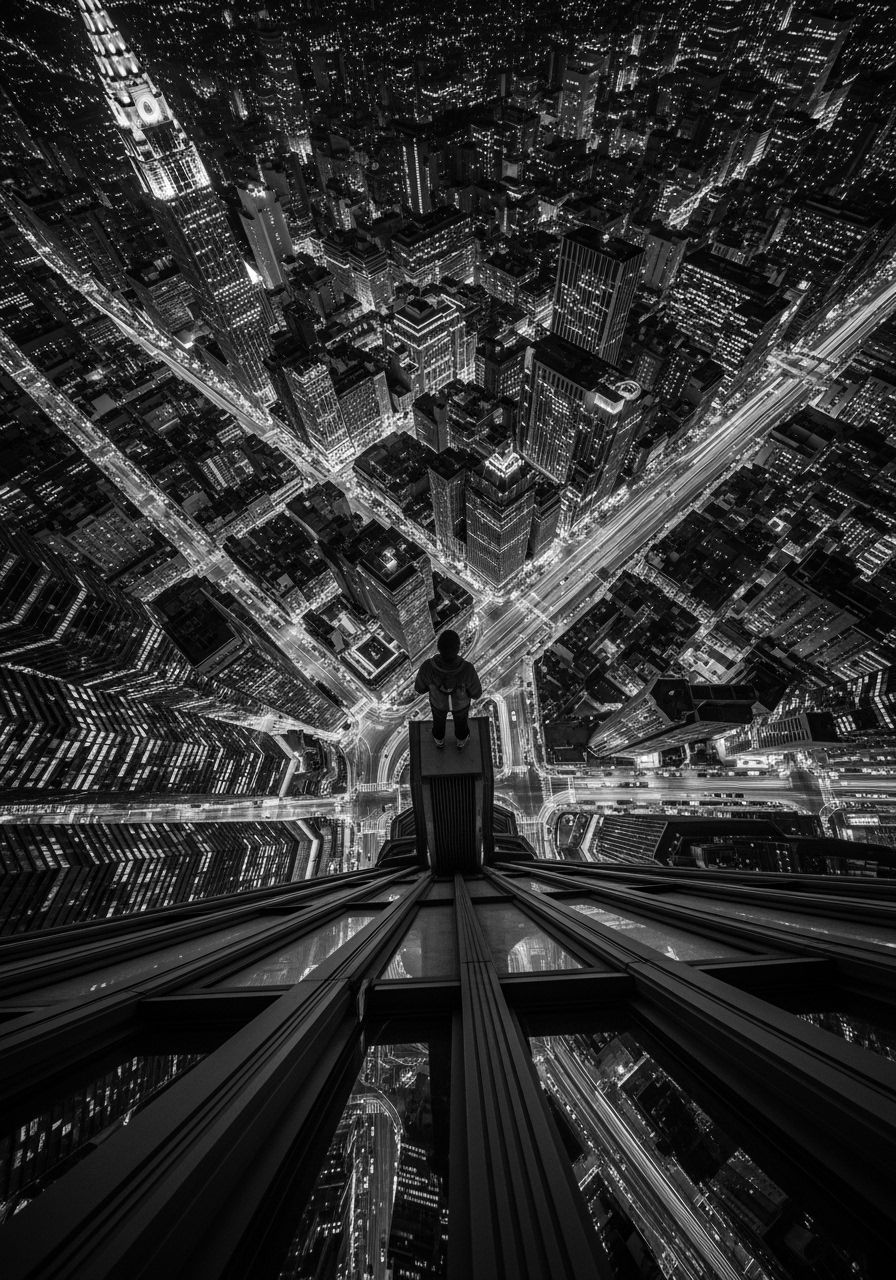 Figure on Skyscraper Edge in Black and White