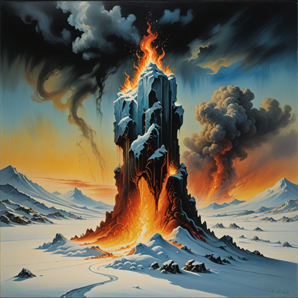 Surreal Fire Pillar Emerges from Snow