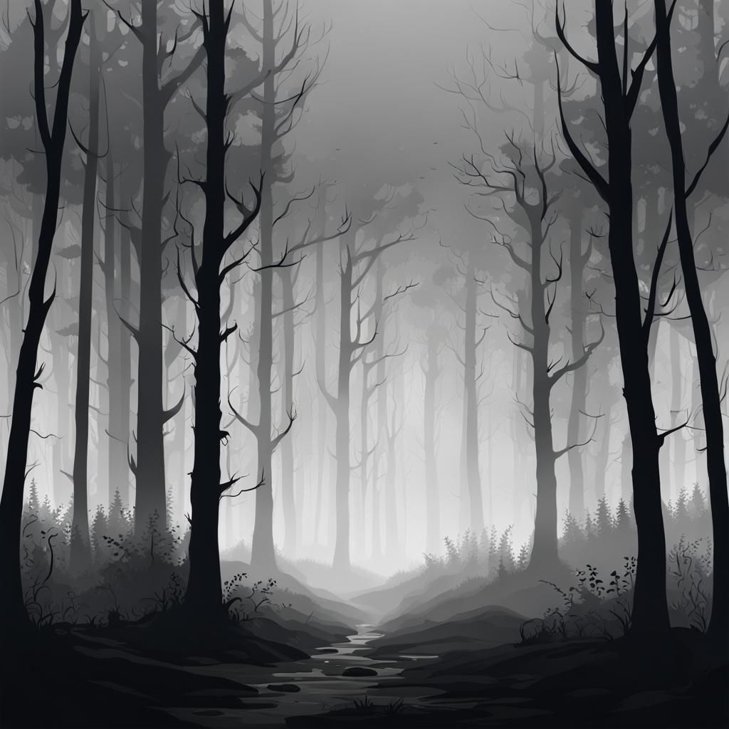 Monochrome Foggy Forest Scene
