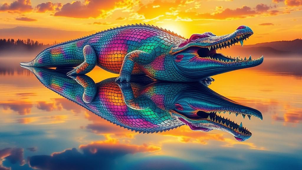 Iridescent Crocodile Reflects in Mirrored Lake
