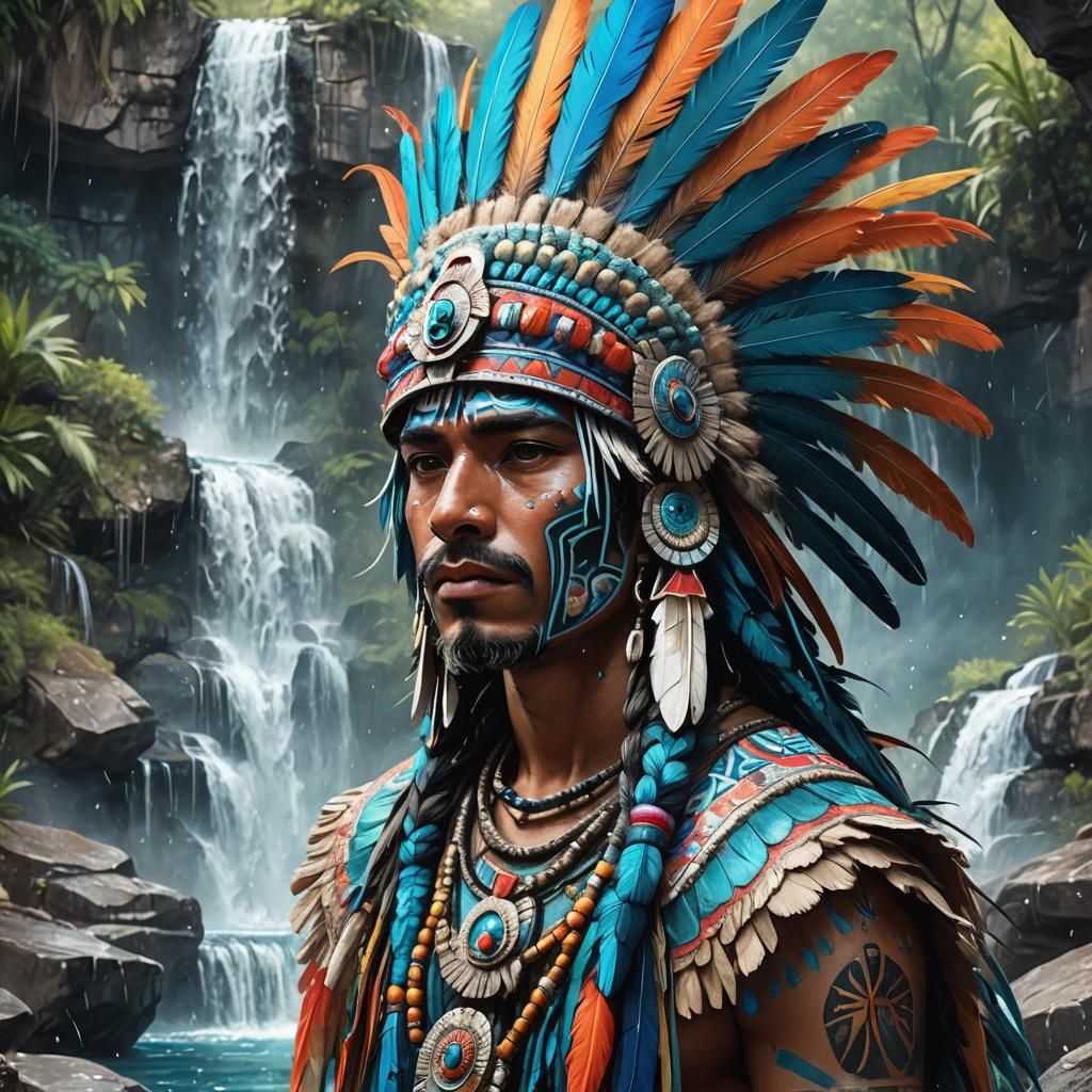 Tlaloc Portrait with Feather Headdress in Mexican Folk Art S...