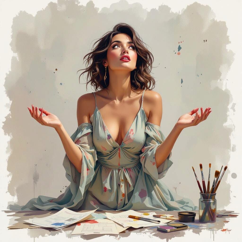 Inspired Woman in Digital Watercolor Painting