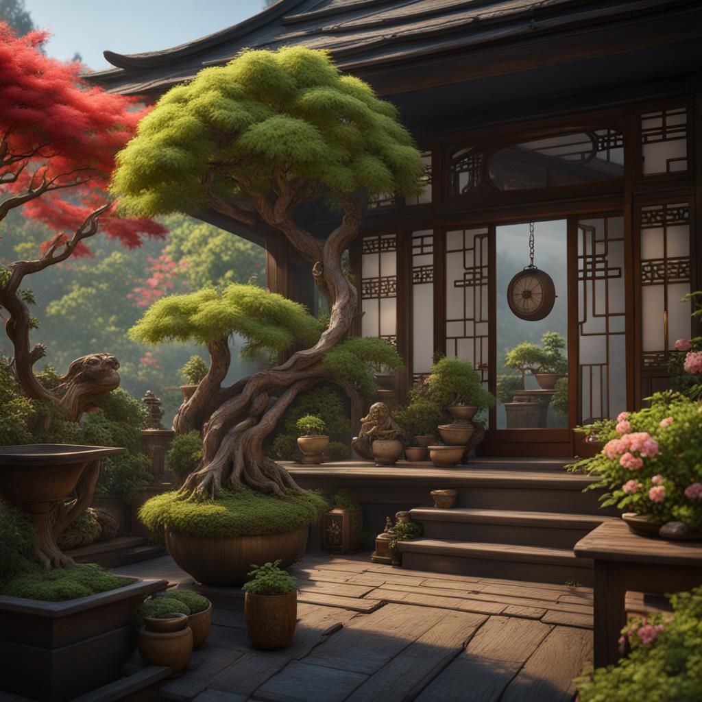 Lush Porch Garden with Bonsai and Maple