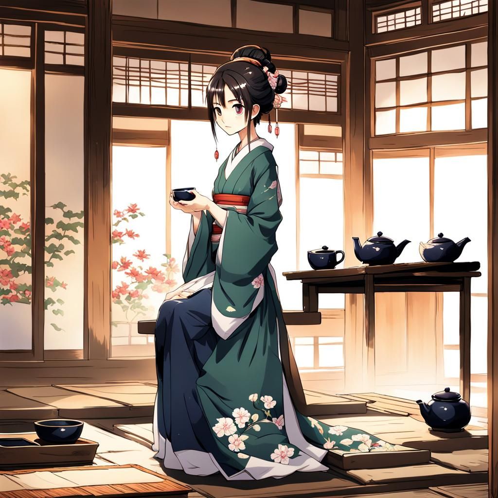 Girl Prepares Tea Ceremony in Anime Style