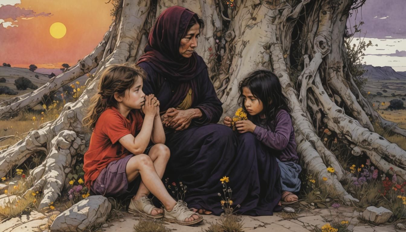 Refugee Mother and Daughters at Sunrise in Acrylic Style