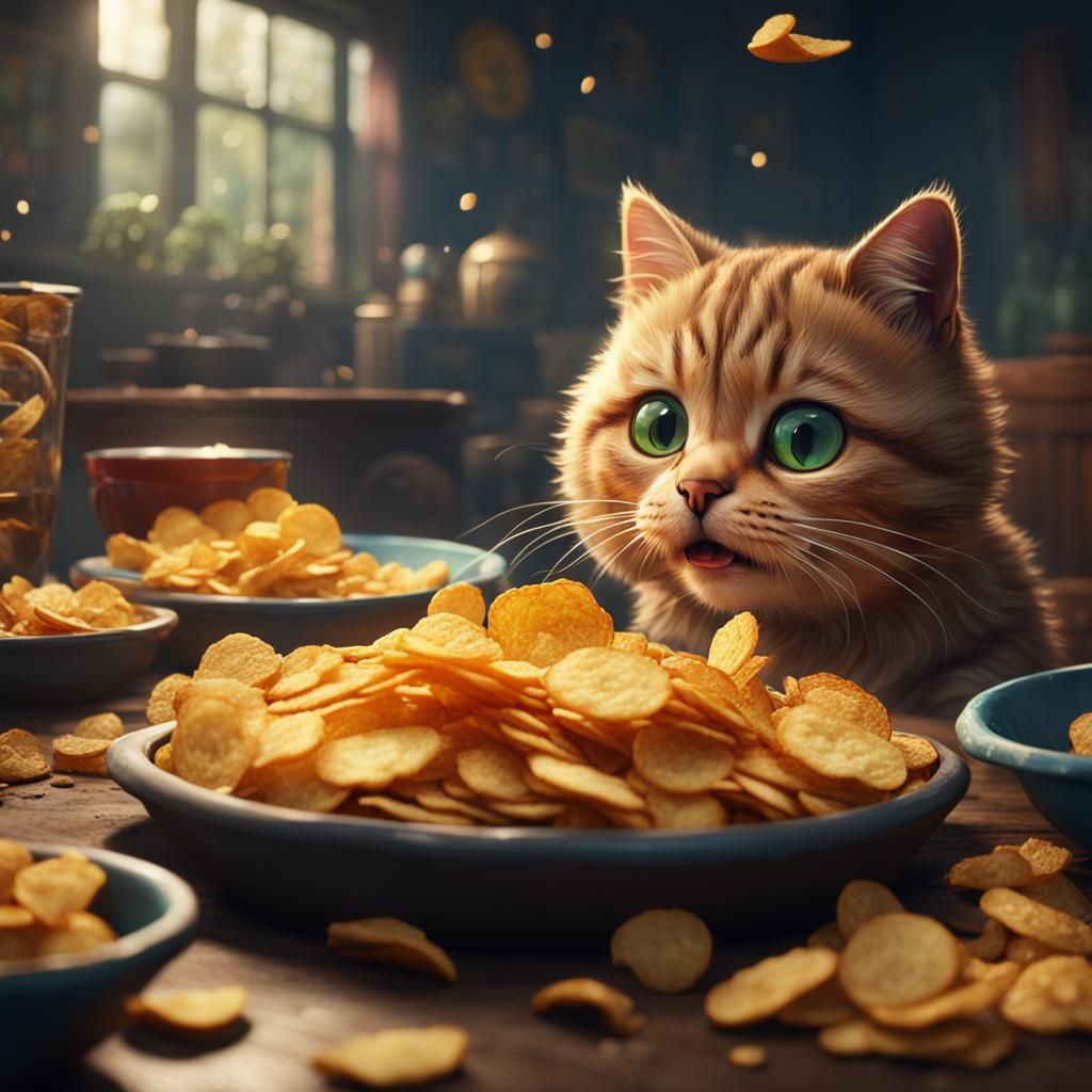 Cute Cat Enjoys Fried Chip: Detailed Matte Painting