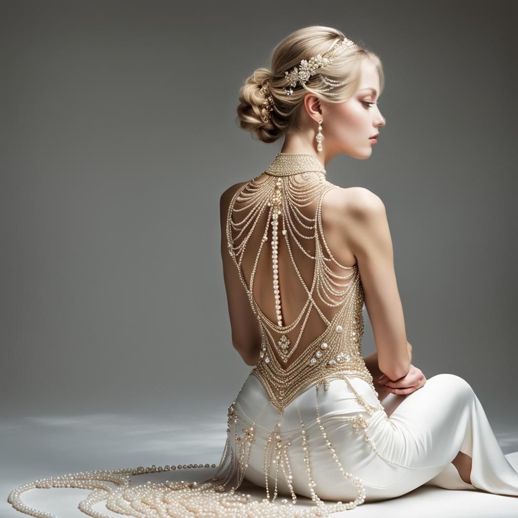 A beautiful blond woman adorned with small strings of pearls...