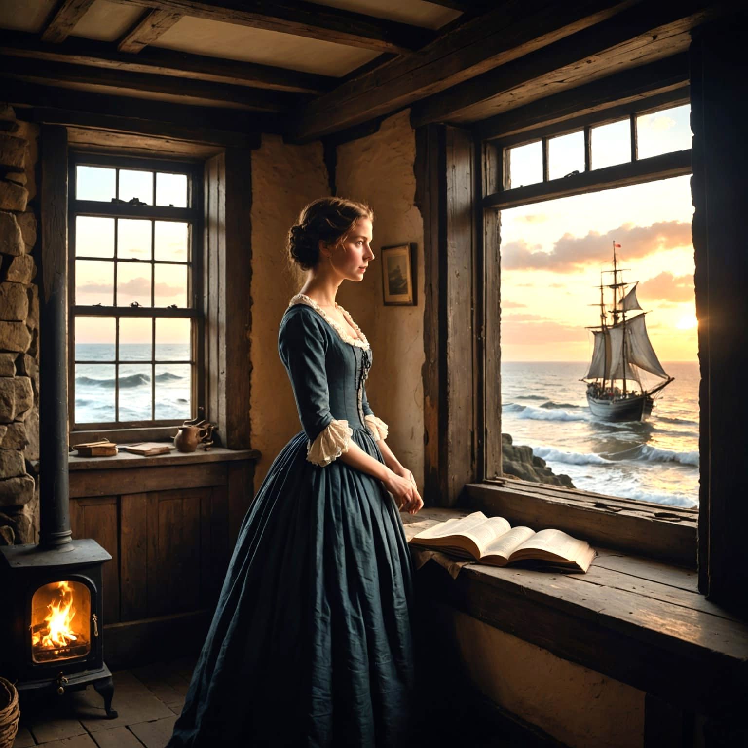Regency Woman Gazes at Ship from Seaside Cottage