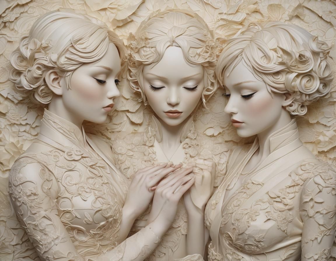 Elegant Papercut Androgynes Dancing in a Seascape