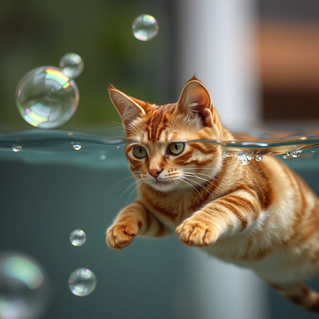 Cat Floating in a Giant Bubble